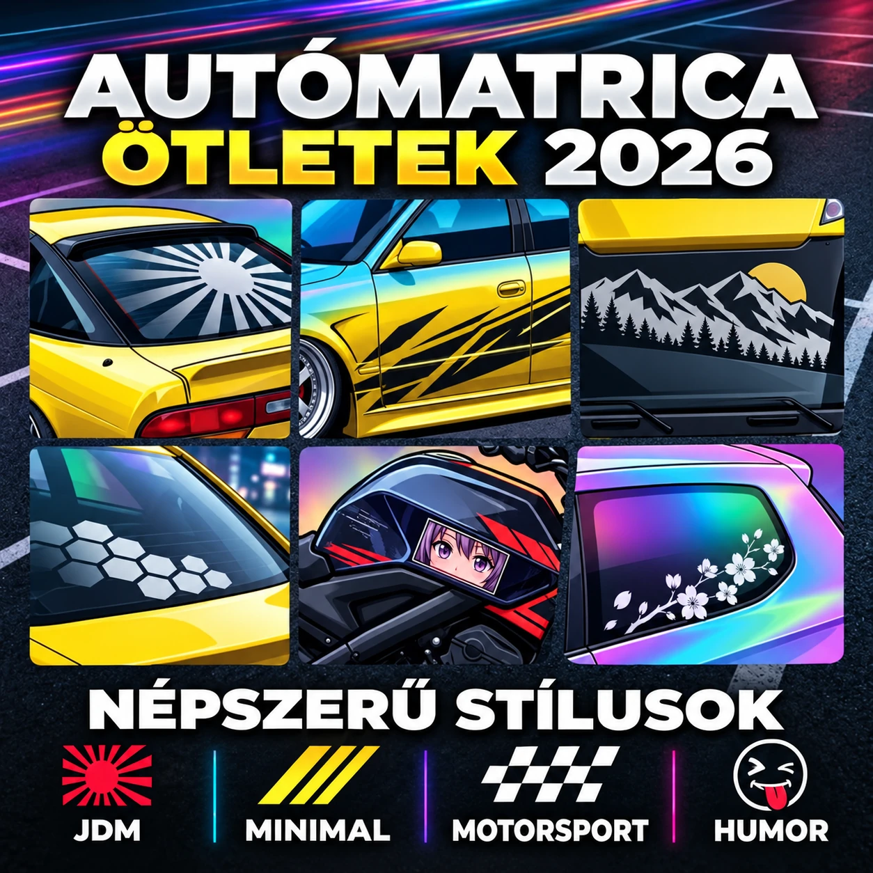Autómatrica ötletek 2026-ra: különböző stílusú matricák autókon és motoron