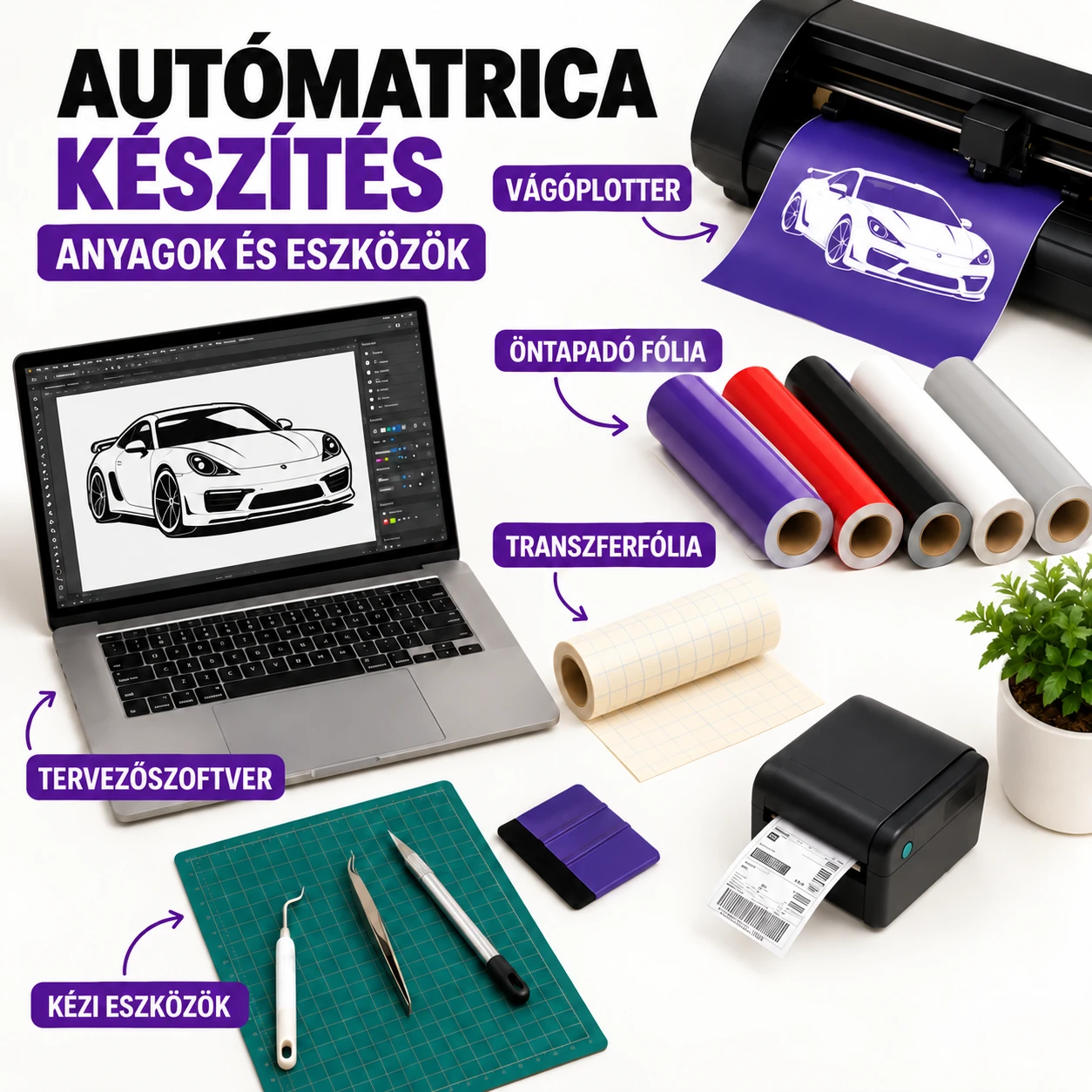 Autómatrica készítéshez szükséges anyagok és eszközök: plotter, fólia, laptop és kézi szerszámok